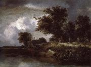 Jacob van Ruisdael Wooded river bank painting